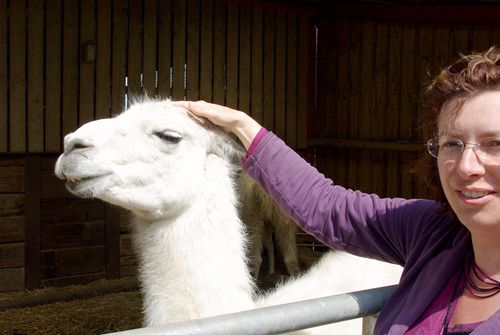 Laura petting a llama